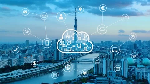 Cloud computing concept. Modern city and communication network. Software as a Se Stock Footage 177790539