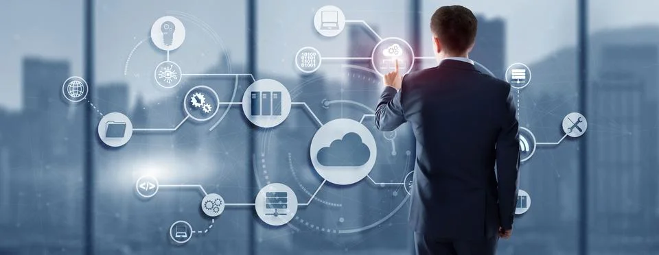 Cloud Computing concept on modern city futuristic background Stock Photos