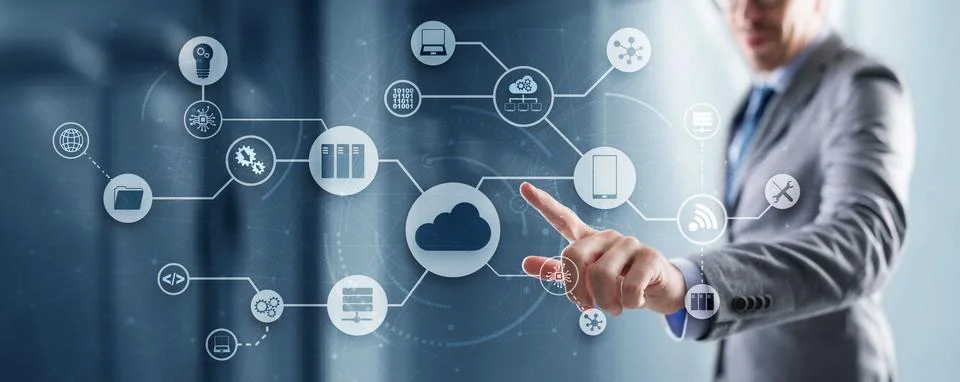 Cloud Computing concept on modern city futuristic background Stock Photos