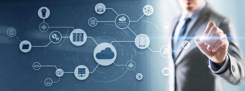 Cloud Computing concept on modern city futuristic background Stock Photos