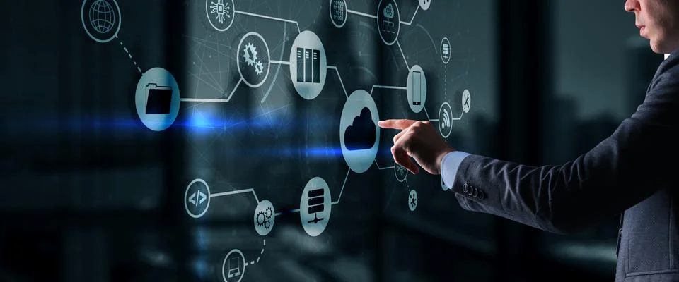 Cloud Computing concept on modern city futuristic background Stock Photos