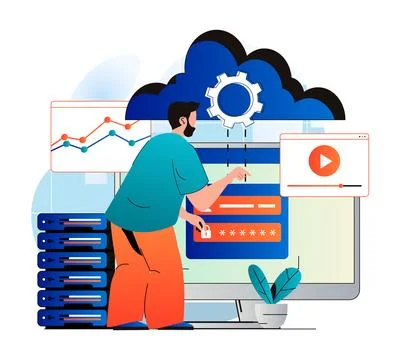 Cloud computing concept in modern flat design. Man user gains access to cloud Stock Illustration
