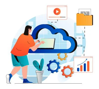 Cloud computing concept in modern flat design. Woman works at laptop and uses Stock Illustration