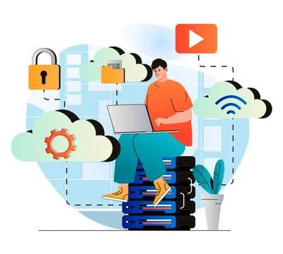 Cloud computing concept in modern flat design. User works at laptop and uses Stock Illustration