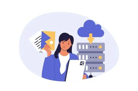 Cloud computing concept in modern flat design for web. Woman using database.. Stock Illustration