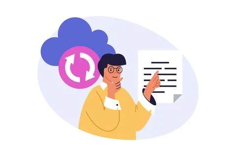 Cloud computing concept in modern flat design for web. Man using online syn.. Stock Illustration