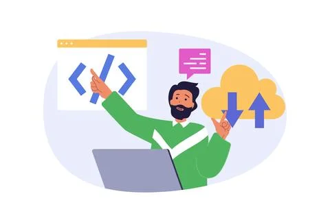 Cloud computing concept in modern flat design for web. Man programming code.. Stock Illustration