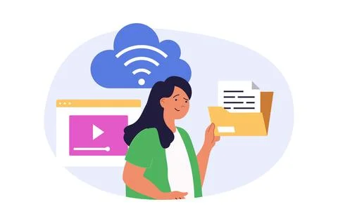 Cloud computing concept in modern flat design for web. Woman working with o.. 库存插图