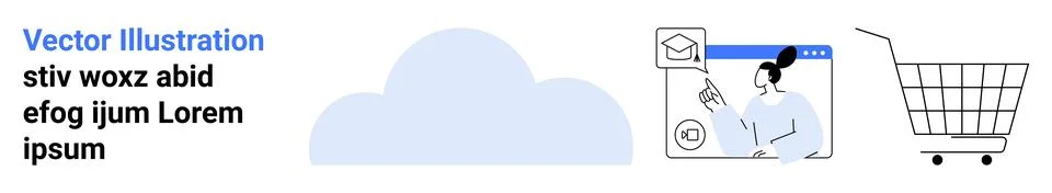 Cloud computing concept, online learning avatar, and shopping cart vector ico Stock Illustration