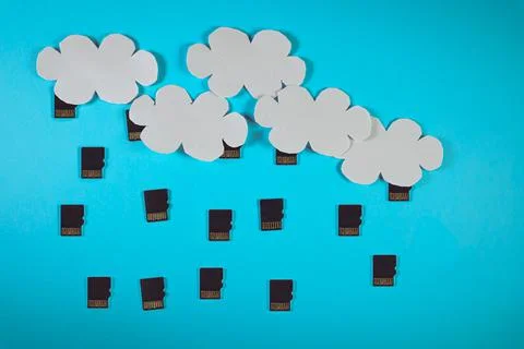 Cloud computing concept, paper clouds with micro SD cards as raindrops 스톡 사진