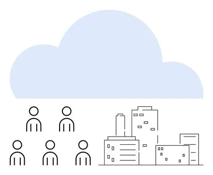 Cloud Computing Concept with People and City Buildings in Minimalist Line A.. Stockillustratie