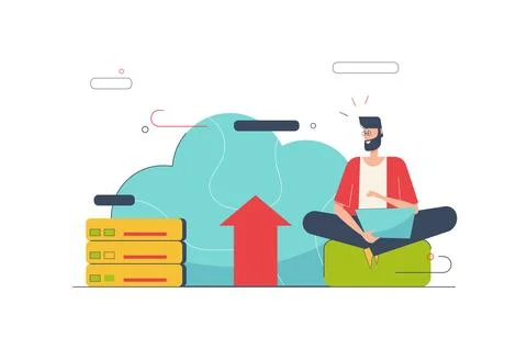 Cloud computing concept with people scene in flat cartoon design. Man using c Illustrazione stock