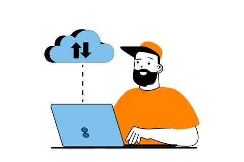 Cloud computing concept with people scene in flat web design. Man sync data i イラスト素材