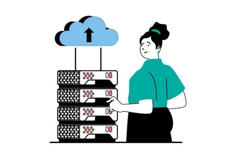 Cloud computing concept with people scene in flat web design. Woman working a Иллюстрация