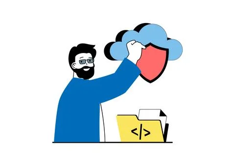 Cloud computing concept with people scene in flat web design. Man working wit Stock Illustration