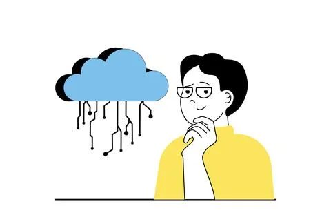 Cloud computing concept with people scene in flat web design. Man using cloud 스톡 일러스트
