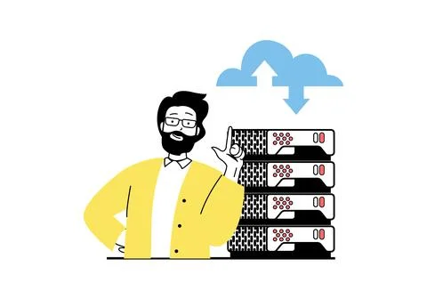 Cloud computing concept with people scene in flat web design. Man monitoring  스톡 일러스트