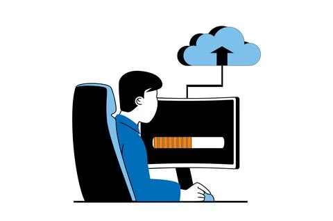 Cloud computing concept with people scene in flat web design. Man working at  Stock Illustration