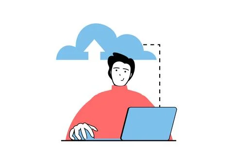 Cloud computing concept with people scene in flat web design. Man uploading d Illustrazione stock
