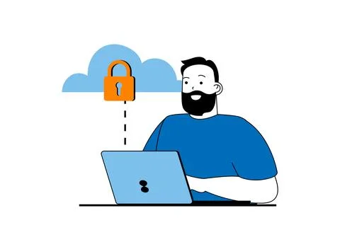 Cloud computing concept with people scene in flat web design. Man uploading d イラスト素材