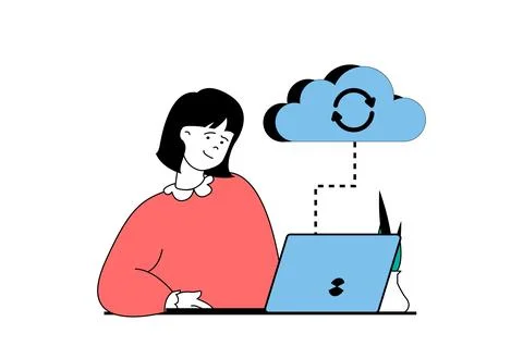 Cloud computing concept with people scene in flat web design. Woman making ba 库存插图