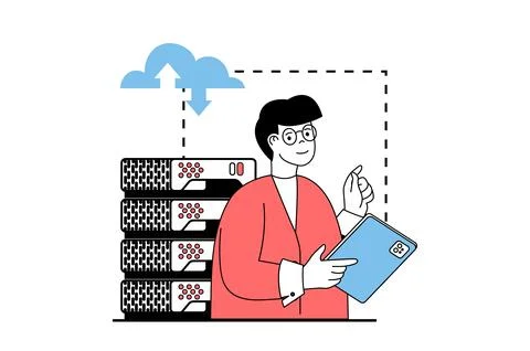Cloud computing concept with people scene in flat web design. Man working as  Stock Illustration
