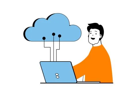 Cloud computing concept with people scene in flat web design. Man processing  イラスト素材