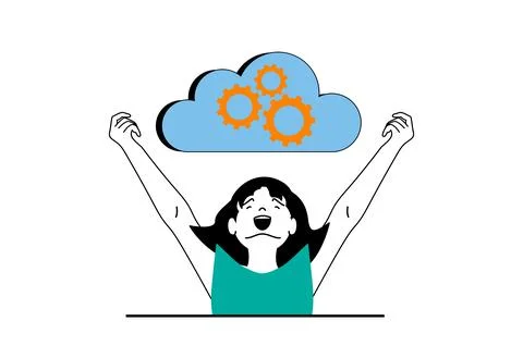 Cloud computing concept with people scene in flat web design. Woman making op Stock Illustration
