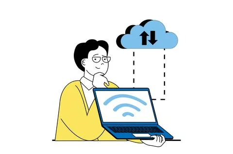 Cloud computing concept with people scene in flat web design. Man using wifi  스톡 일러스트