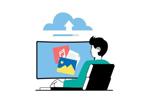 Cloud computing concept with people scene in flat web design. Man upload diff Stock Illustration