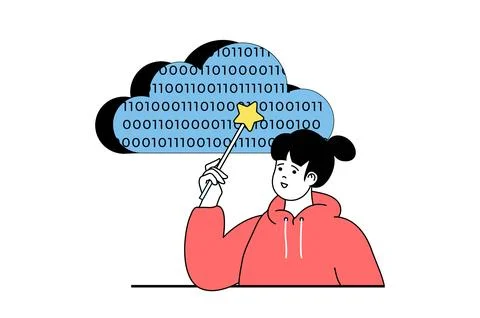 Cloud computing concept with people scene in flat web design. Woman processin 스톡 일러스트