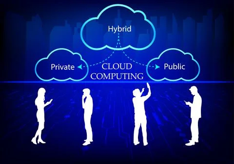 Cloud computing concept with people silhouettes on blue background. Vector .. Stock Illustration