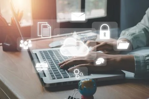 Cloud computing concept, Person hand using laptop computer with cloud compu.. Stock Photos