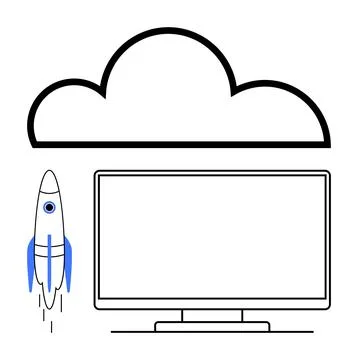 Cloud Computing Concept with Rocket Launch, Computer Monitor, and Cloud Outline Illustrazione stock