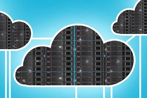 Cloud computing concept with server clouds in the network on blue background. Stockillustratie
