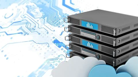 Cloud computing concept with server rack and cloud shapes. 3D illustration Stock Illustration