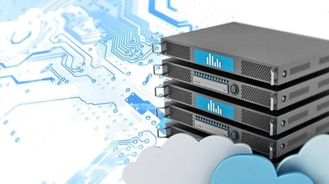  Cloud computing concept with server rack and cloud shapes. 3D illustratio... Stock Photos