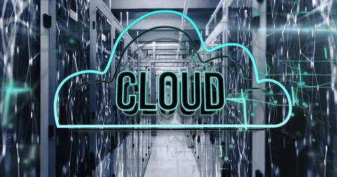 Cloud computing concept with server racks, digital network connections in data Stock Illustration