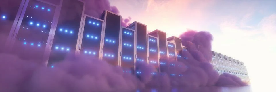 Cloud computing concept. Servers in the clouds. 3d rendering Stock Photos