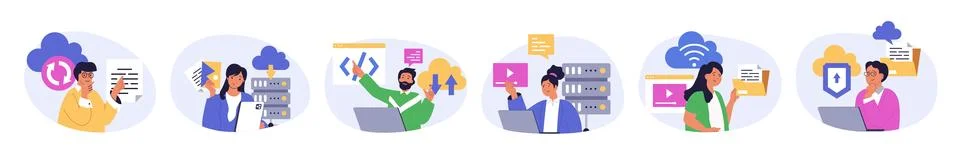 Cloud computing concept set in flat design for web. Collection with people do Stock Illustration