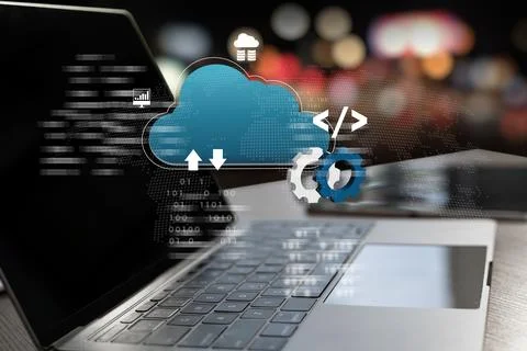 Cloud computing concept showing data storage, transfer, and system integrat.. Foto stock