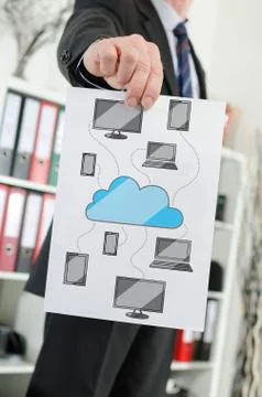 Cloud computing concept shown by a businessman Stock Photos