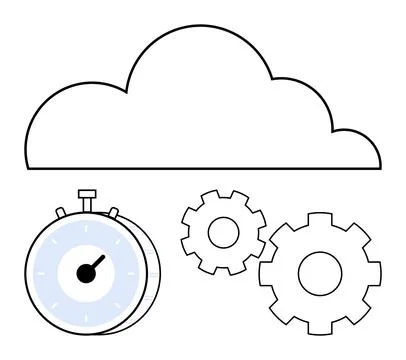 Cloud computing concept with stopwatch and gears illustrating efficiency and Stock Illustration