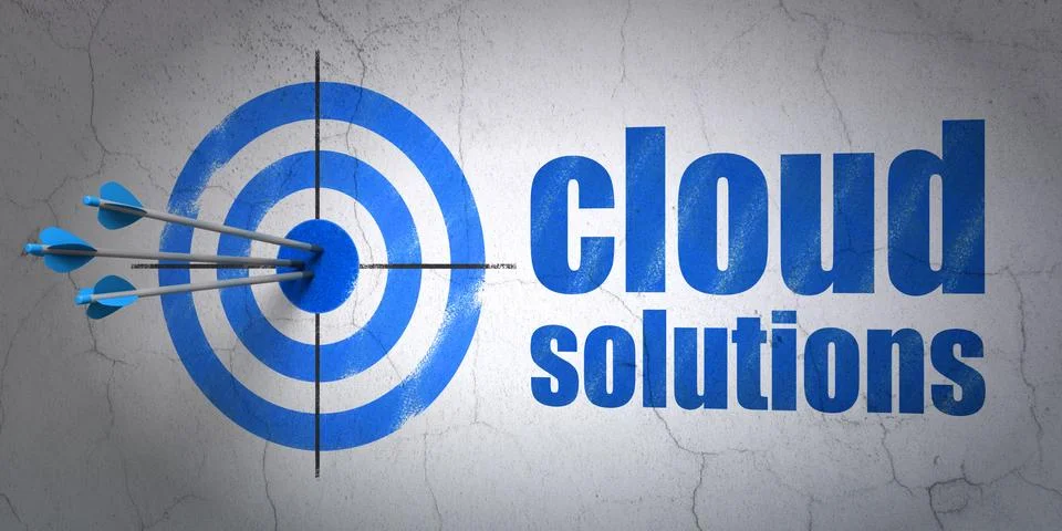 Cloud computing concept: target and Cloud Solutions on wall background Illustrazione stock