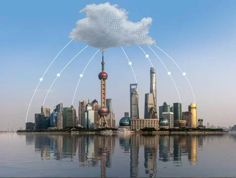 Cloud computing concept using Shanghai skyline Cloud computing and interne... Stock Photos