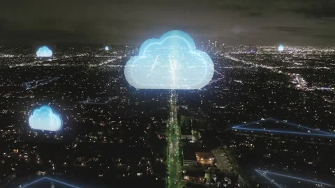 Cloud Computing Concept Visualization over a Futuristic Illuminated Urban Night 库存影片 331045091