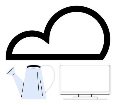 Cloud computing concept with watering can and monitor symbolizes technology.. Stock Illustration