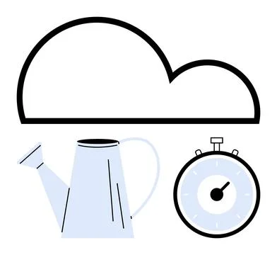Cloud Computing Concept with Watering Can, Stopwatch and Abstract Cloud Symbo Illustrazione stock