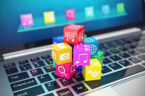 Cloud computing concept: white laptop with  of color application icons isolated 스톡 일러스트