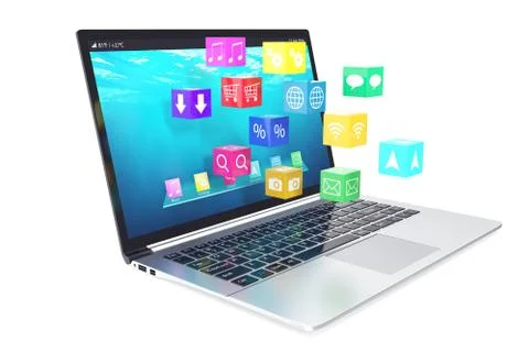 Cloud computing concept: white laptop with of color application icons isolated Stock Illustration